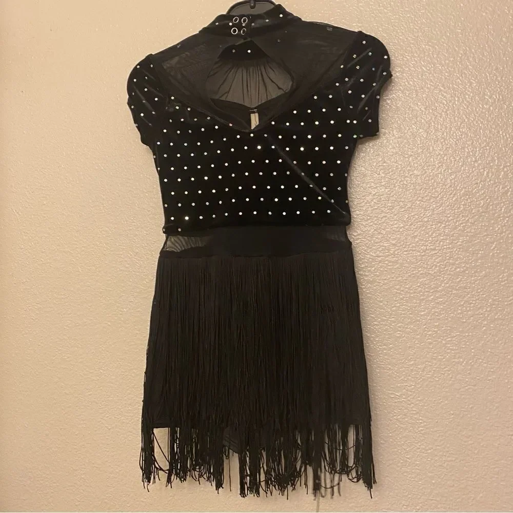 Weissman dance costume black velvet crystal fringe End Of Time 13009 MC 10/12